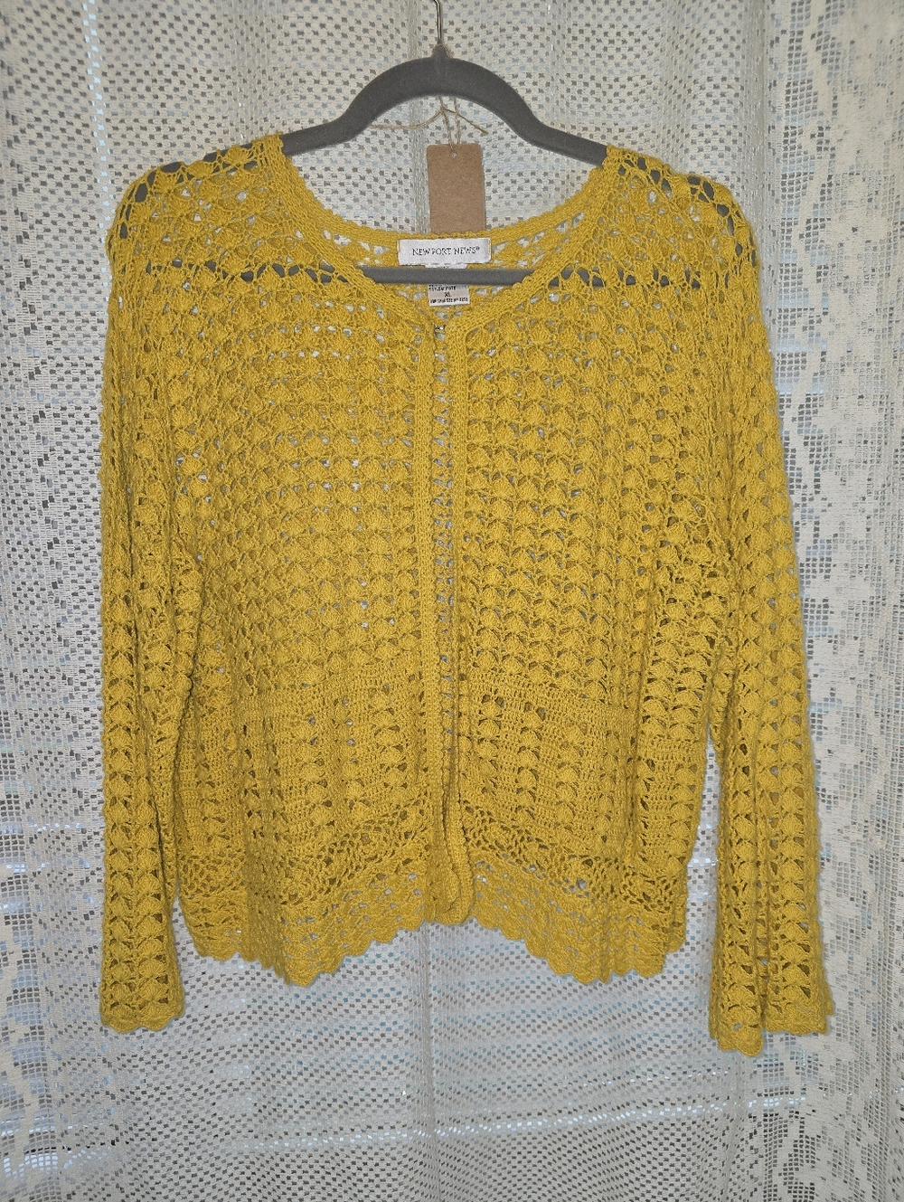 Newport News Crochet Mustard Sweater Top, 90s. Open Stitch, XL